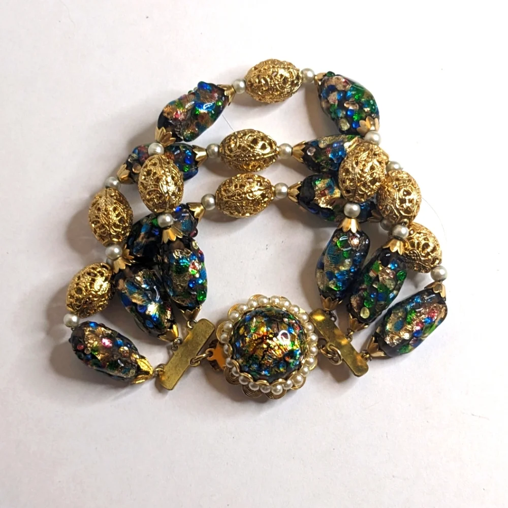 Vintage Napier Signed‎ Beaded Bracelet – Foil Glass & Filigree Beads RARE